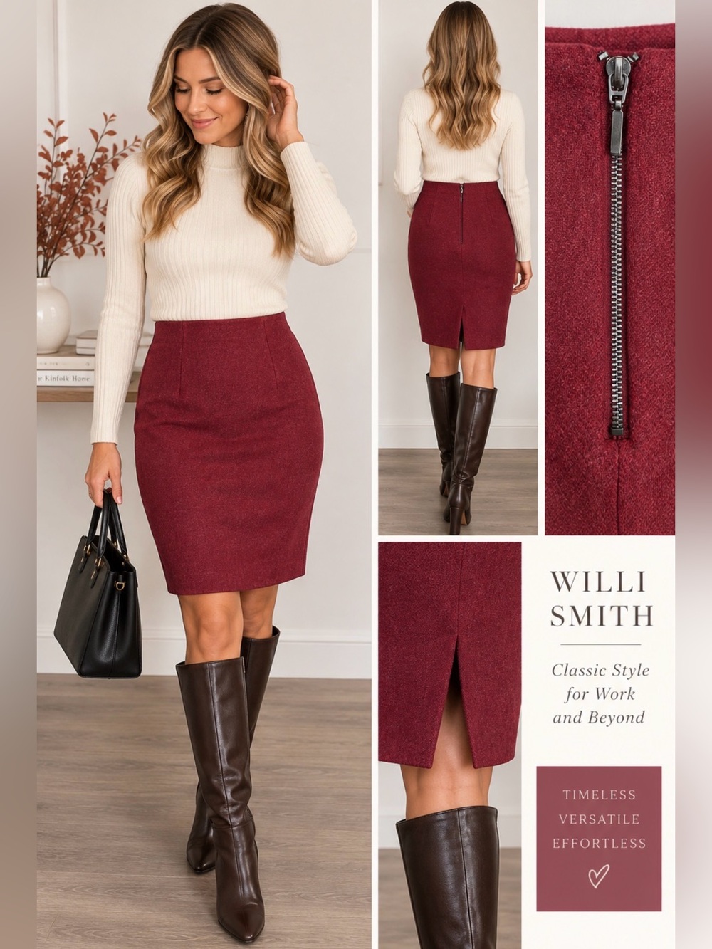 562 Willi Smith Size 2 Burgundy Wool Blend Pencil Skirt Back Slit Career